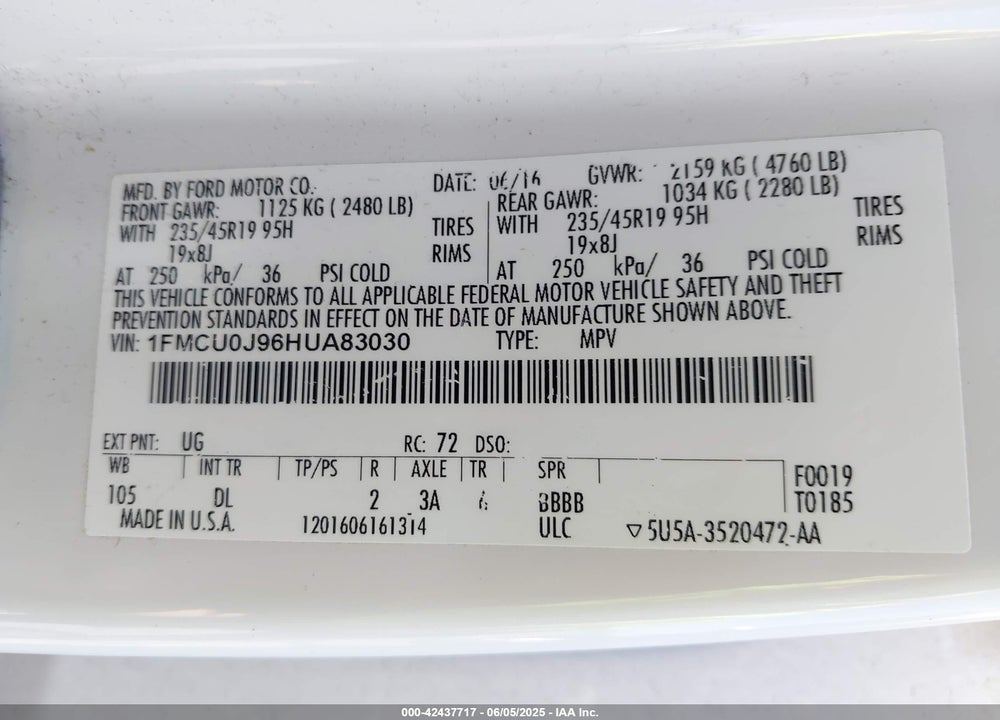 2017 FORD ESCAPE TITANIUM VIN: 1FMCU0J96HUA83030