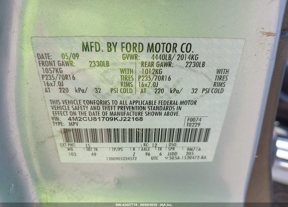 2009 MERCURY MARINER VIN: 4M2CU81709KJ22168