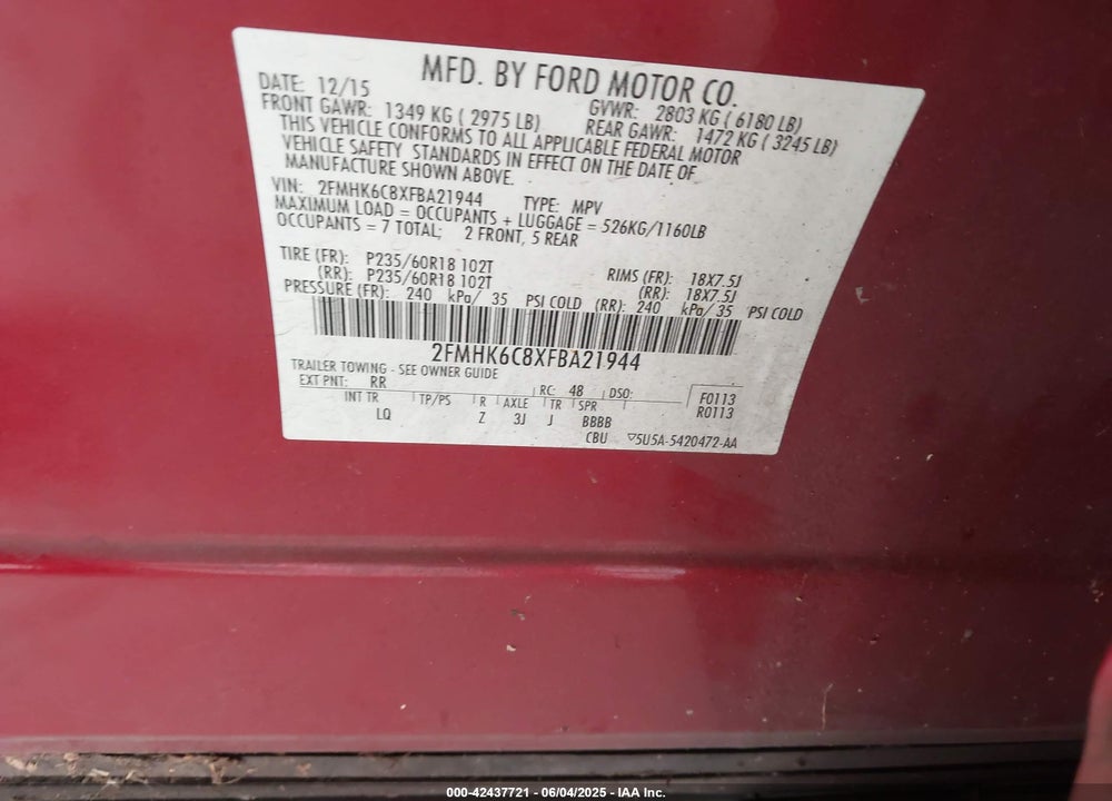 2015 FORD FLEX SEL VIN: 2FMHK6C8XFBA21944