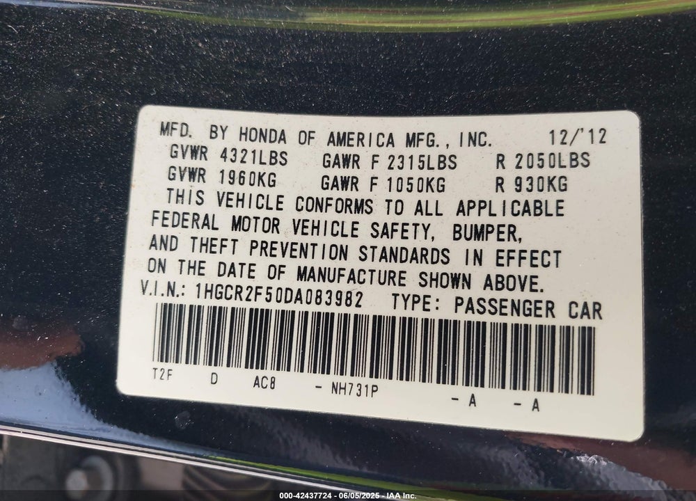 2013 HONDA ACCORD SPORT VIN: 1HGCR2F50DA083982