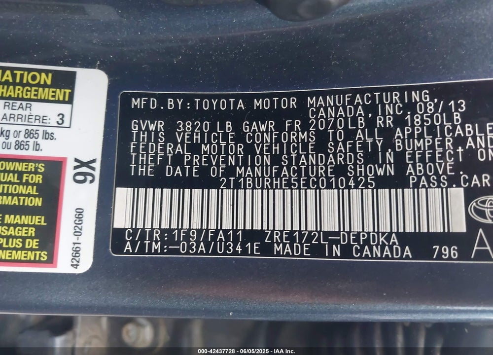 2014 TOYOTA COROLLA VIN: 2T1BURHE5EC010425