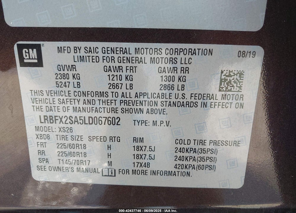 2020 BUICK ENVISION VIN: LRBFX2SA5LD067602