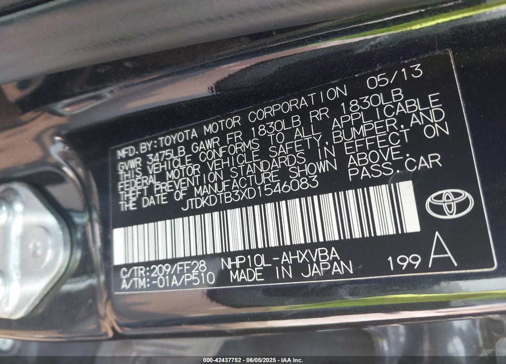 2013 TOYOTA PRIUS C VIN: JTDKDTB3XD1546083