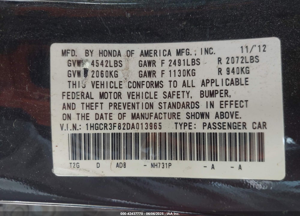 2013 HONDA ACCORD EX-L V-6 VIN: 1HGCR3F82DA013965