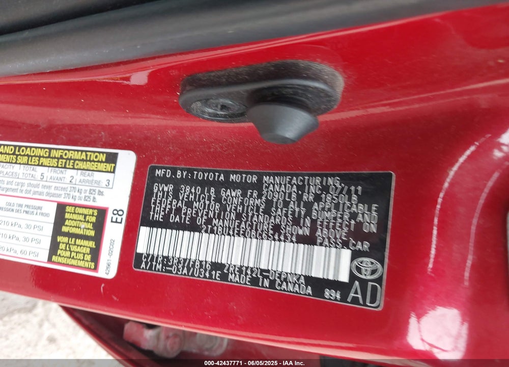 2011 TOYOTA COROLLA LE VIN: 2T1BU4EE0BC654434