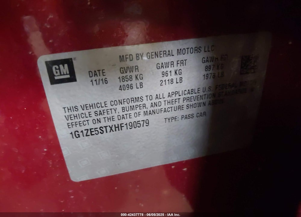 2017 CHEVROLET MALIBU VIN: 1G1ZE5STXHF190579