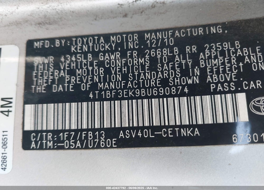 2011 TOYOTA CAMRY VIN: 4T1BF3EK9BU690874