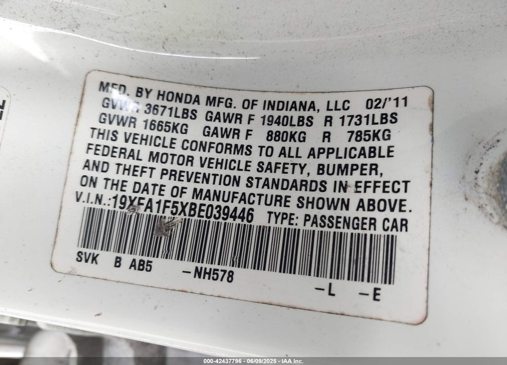 2011 HONDA CIVIC LX VIN: 19XFA1F5XBE039446