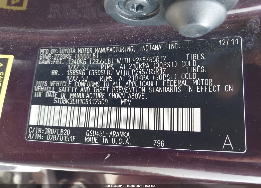 2012 TOYOTA HIGHLANDER VIN: 5TDBK3EH1CS117509