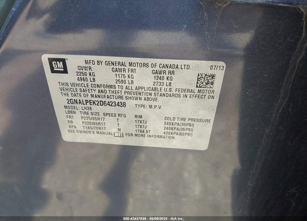 2013 CHEVROLET EQUINOX 2LT VIN: 2GNALPEK2D6423438
