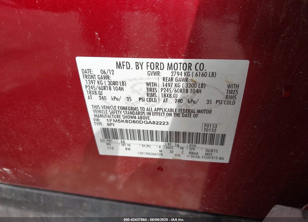 2013 FORD EXPLORER VIN: 1FM5K8D80DGA82223