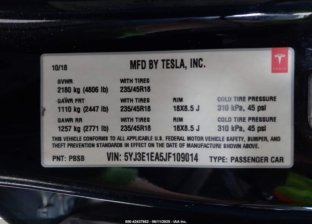 2018 TESLA MODEL 3 VIN: 5YJ3E1EA5JF109014