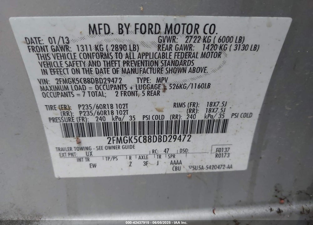 2013 FORD FLEX SEL VIN: 2FMGK5C88DBD29472