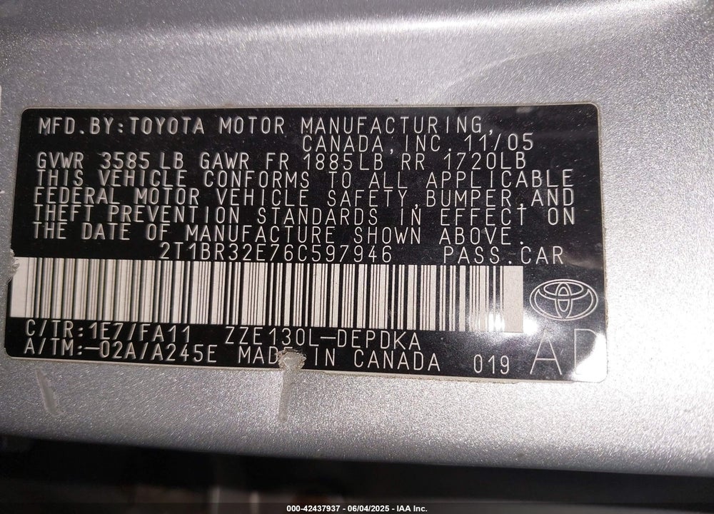 2006 TOYOTA COROLLA CE VIN: 2T1BR32E76C597946
