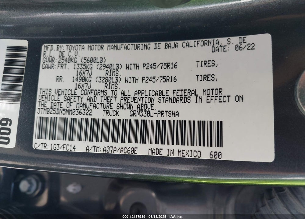 2022 TOYOTA TACOMA VIN: 3TMBZ5DN5NM036322