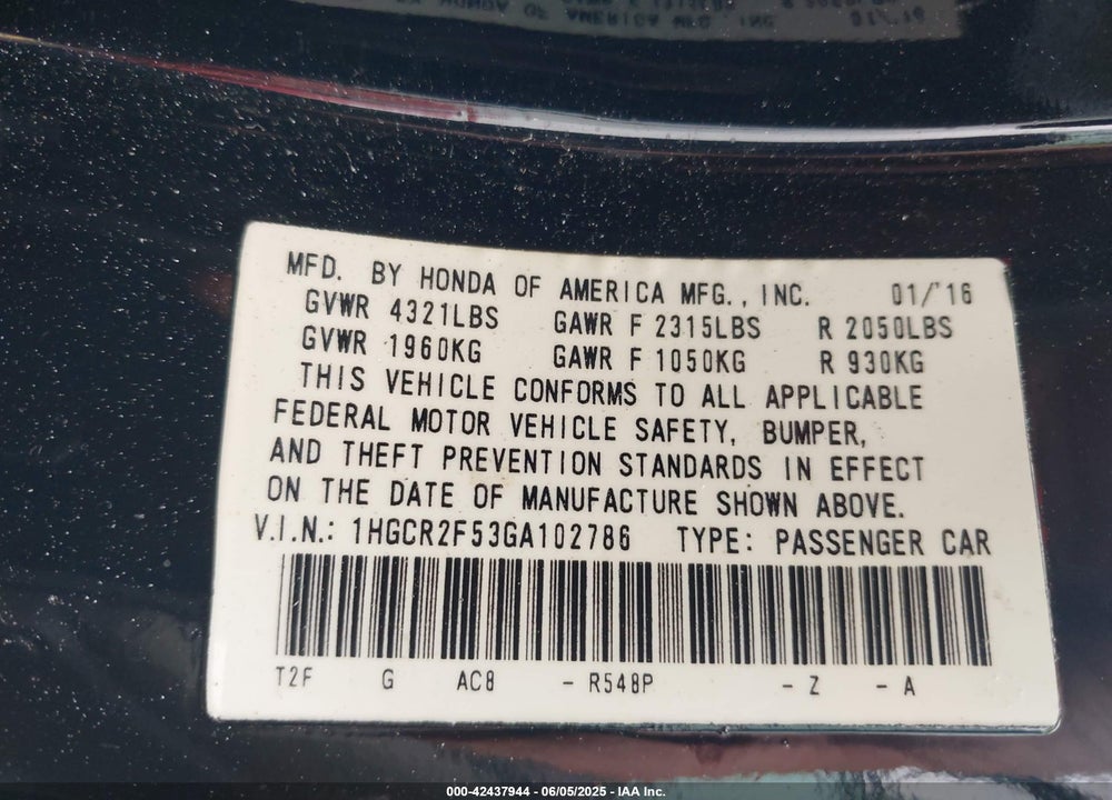 2016 HONDA ACCORD SPORT VIN: 1HGCR2F53GA102786