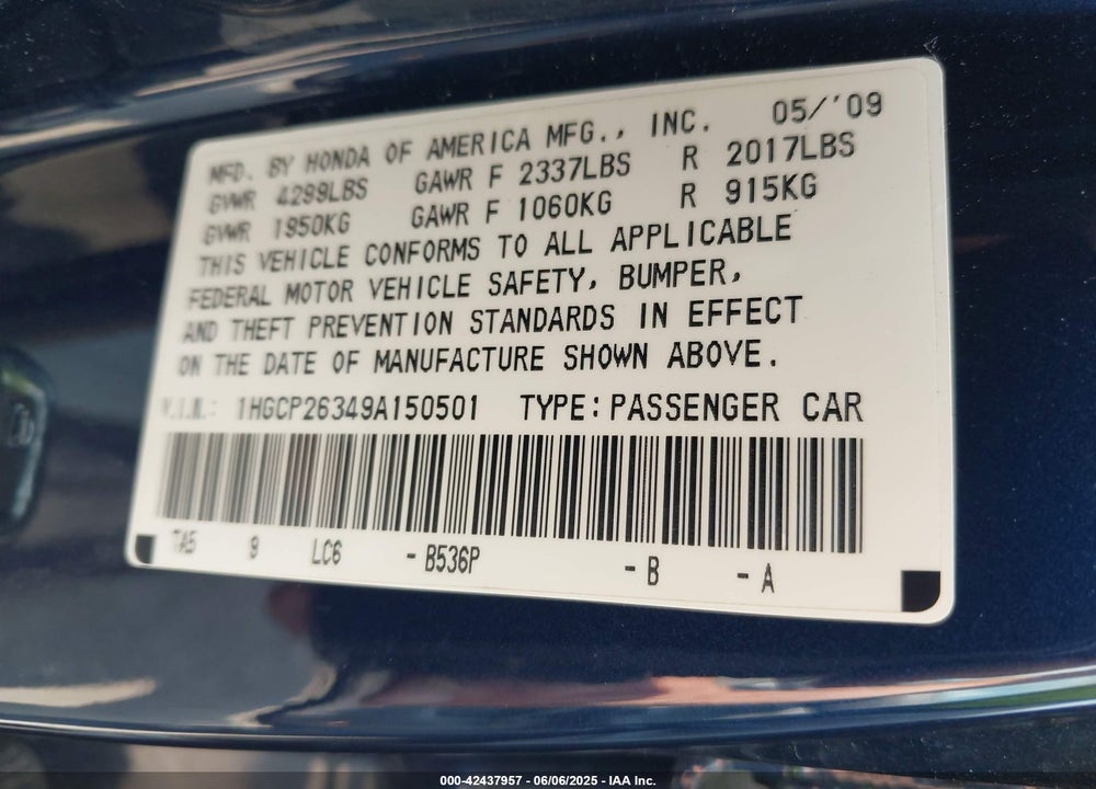 2009 HONDA ACCORD VIN: 1HGCP26349A150501