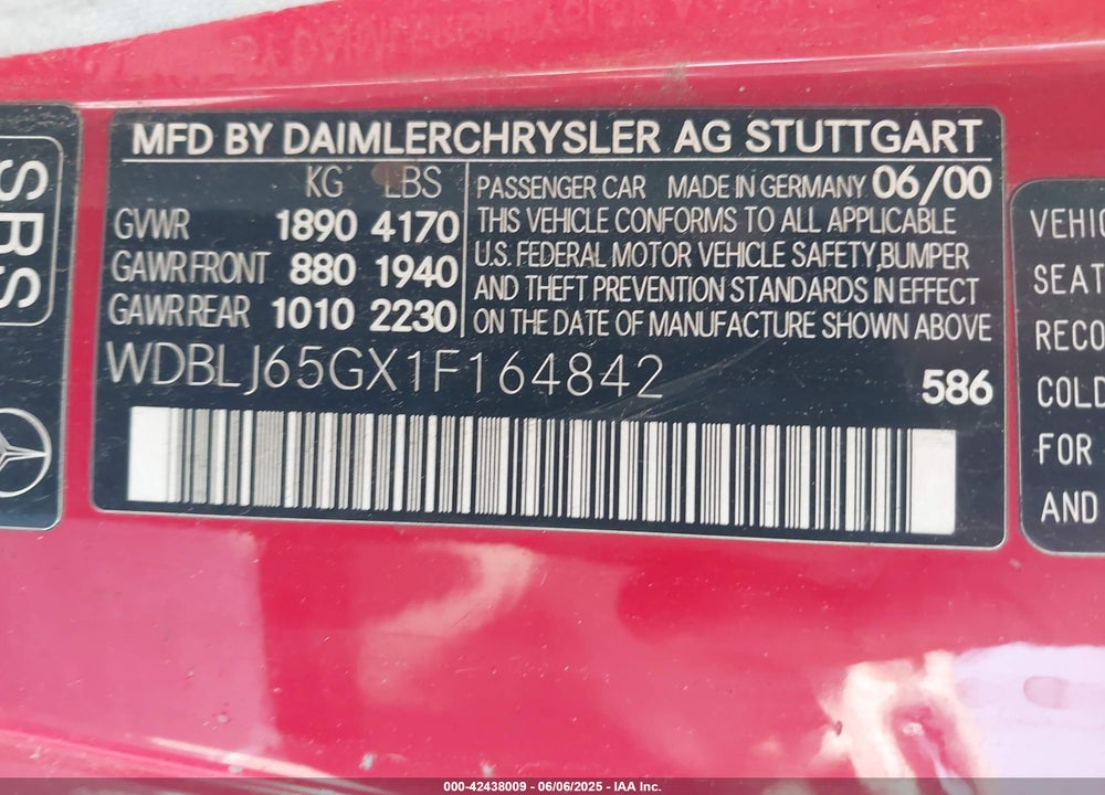 2001 MERCEDES-BENZ CLK 320 VIN: WDBLJ65GX1F164842