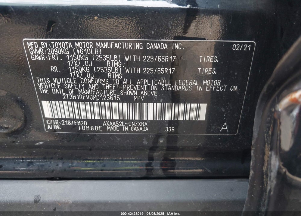 2021 TOYOTA RAV4 VIN: 2T3H1RFV0MC123615