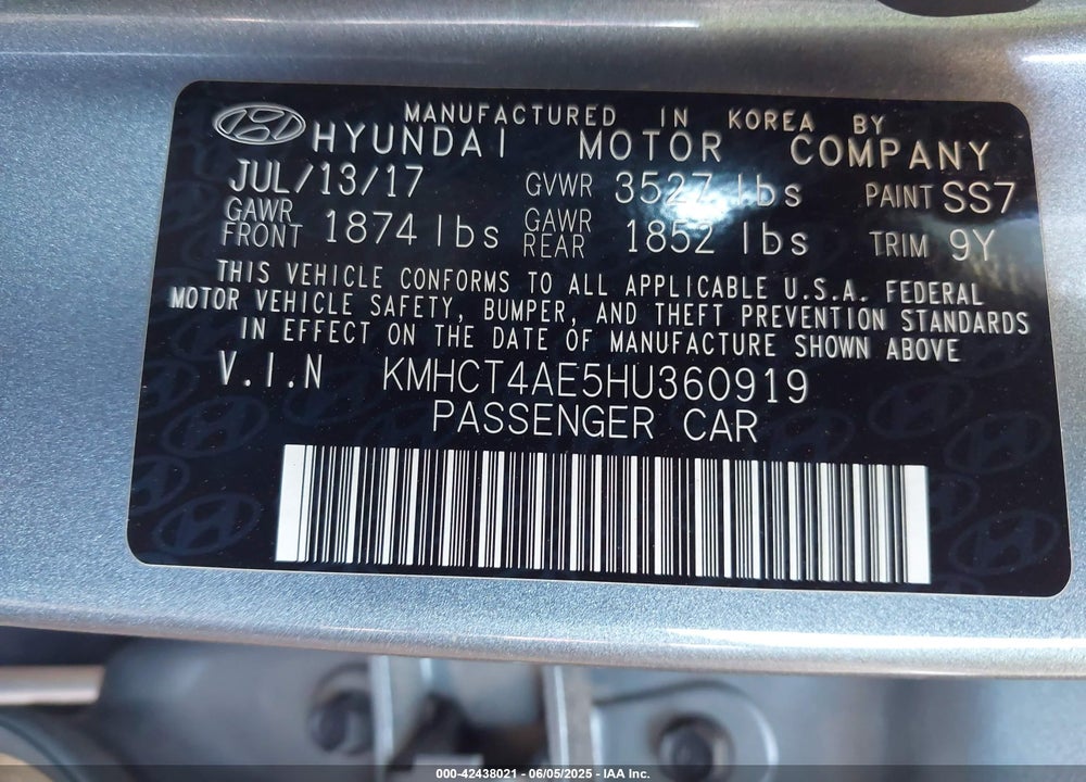 2017 HYUNDAI ACCENT VIN: KMHCT4AE5HU360919