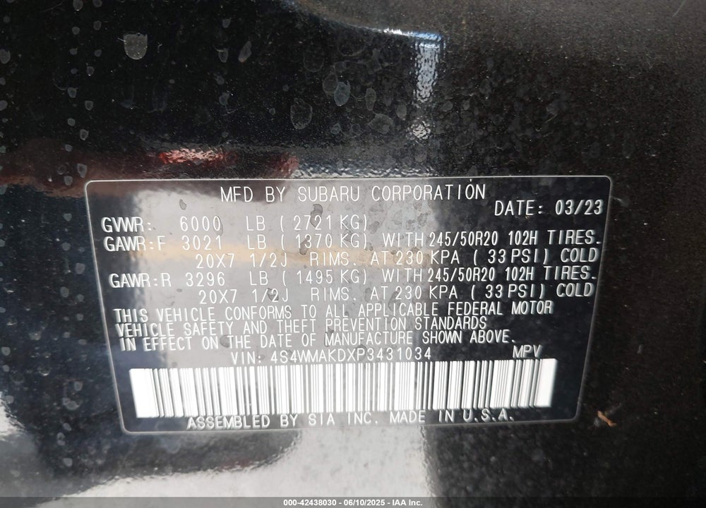2023 SUBARU ASCENT VIN: 4S4WMAKDXP3431034