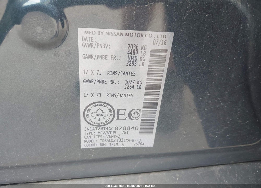 2016 NISSAN ROGUE VIN: 5N1AT2MT4GC878840