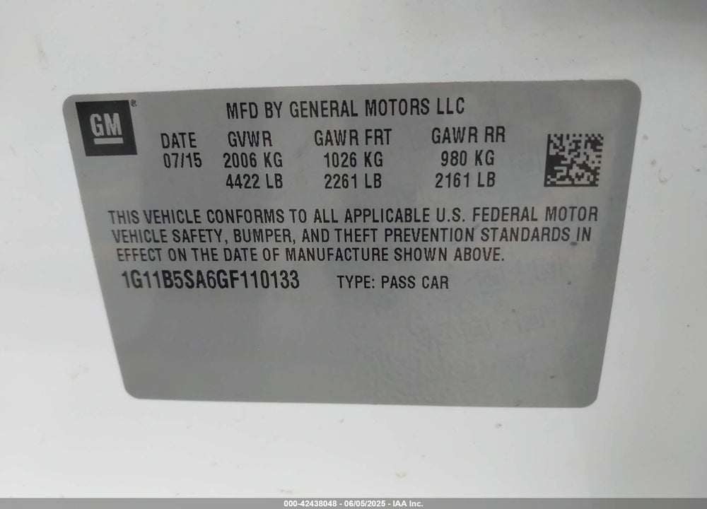 2016 CHEVROLET MALIBU LIMITED LS VIN: 1G11B5SA6GF110133