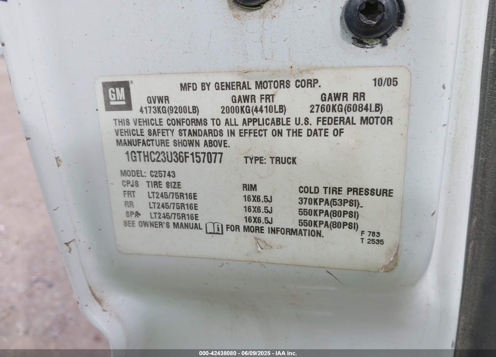 2006 GMC SIERRA 2500HD WORK TRUCK VIN: 1GTHC23U36F157077