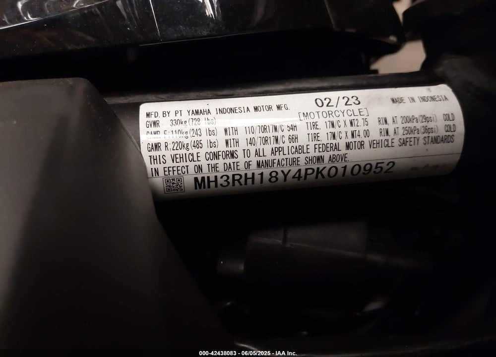 2023 YAMAHA YZFR3 A VIN: MH3RH18Y4PK010952
