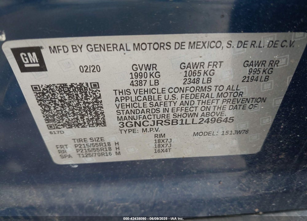 2020 CHEVROLET TRAX VIN: 3GNCJRSB1LL249645
