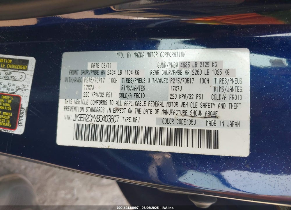 2011 MAZDA CX-7 VIN: JM3ER2CMXB0403807