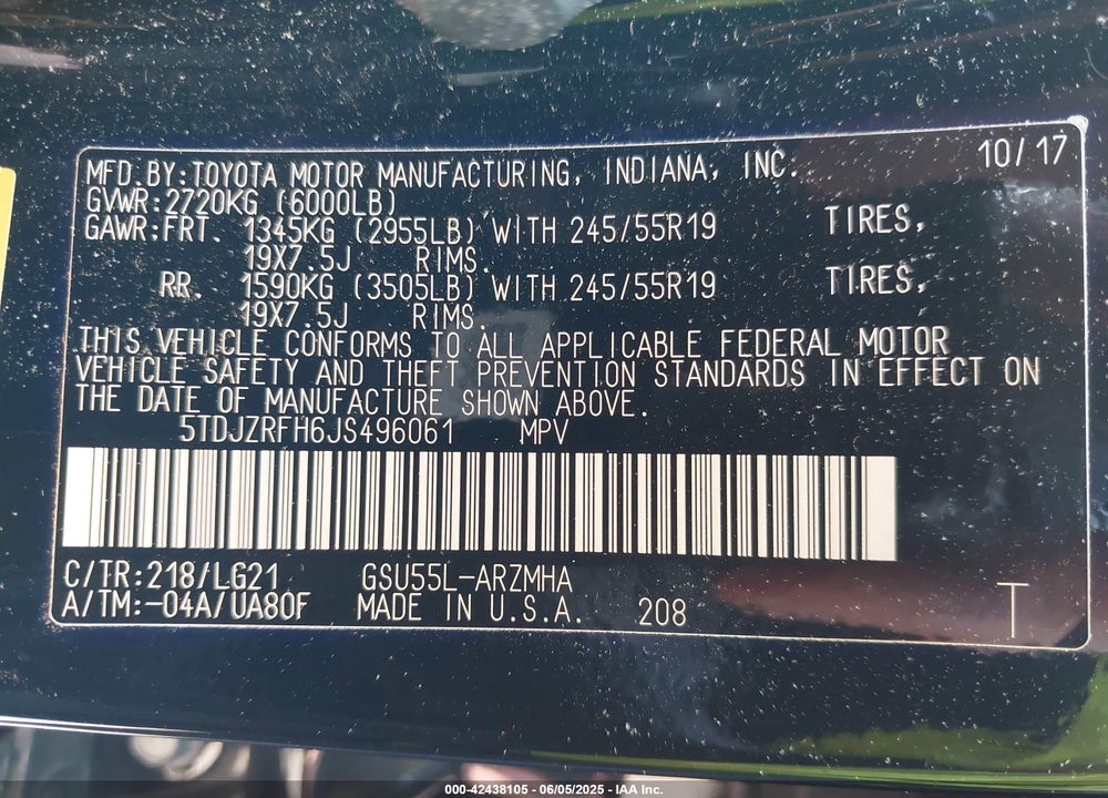 2018 TOYOTA HIGHLANDER VIN: 5TDJZRFH6JS496061
