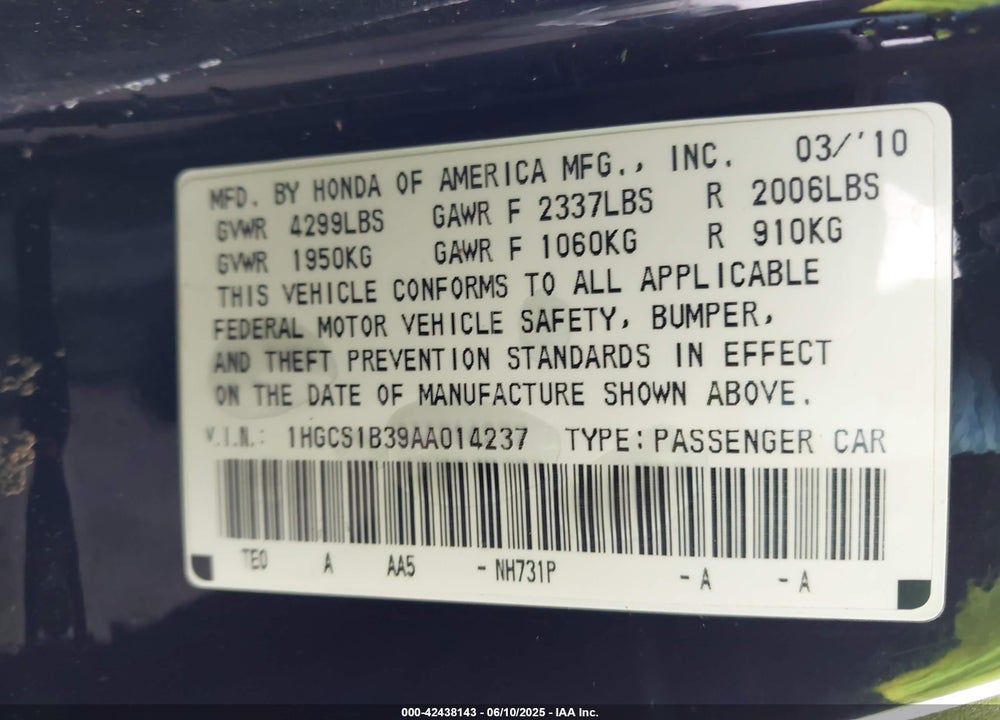 2010 HONDA ACCORD VIN: 1HGCS1B39AA014237