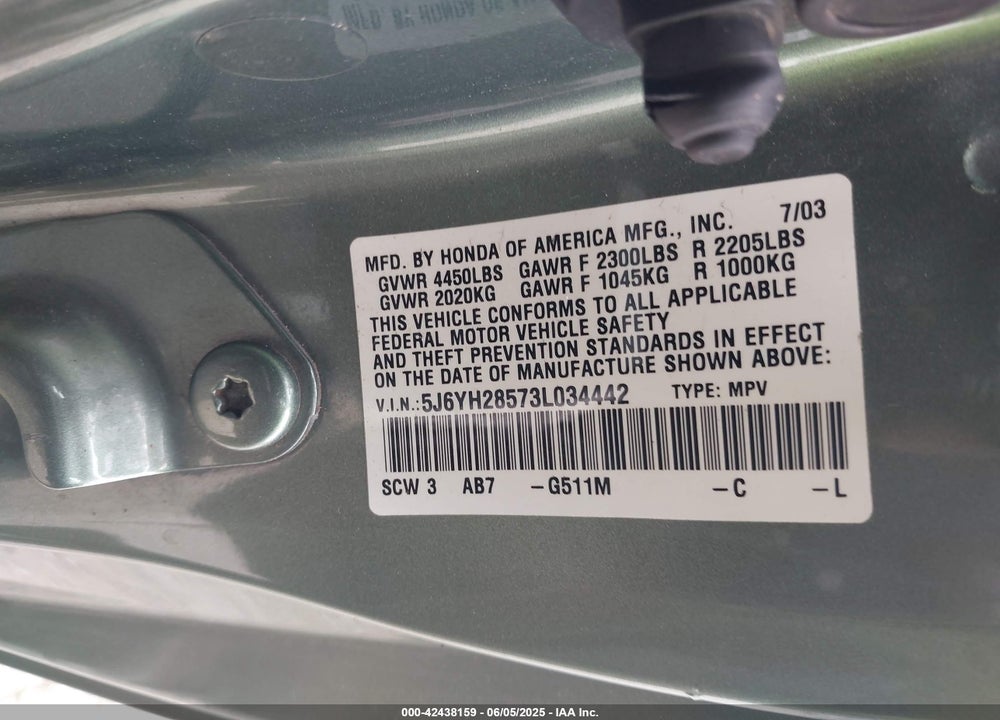 2003 HONDA ELEMENT EX VIN: 5J6YH28573L034442