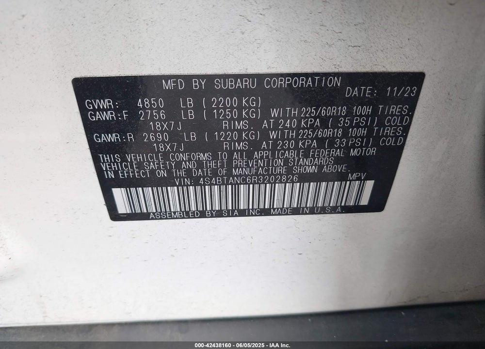 2024 SUBARU OUTBACK VIN: 4S4BTANC6R3202826