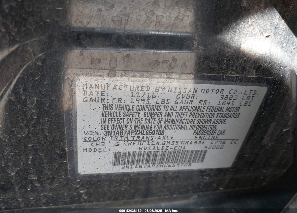 2017 NISSAN SENTRA VIN: 3N1AB7APXHL659708