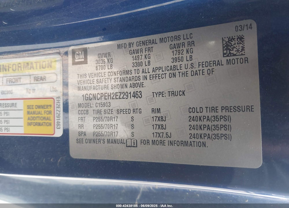 2014 CHEVROLET SILVERADO 1500 VIN: 1GCNCPEH2EZ291463