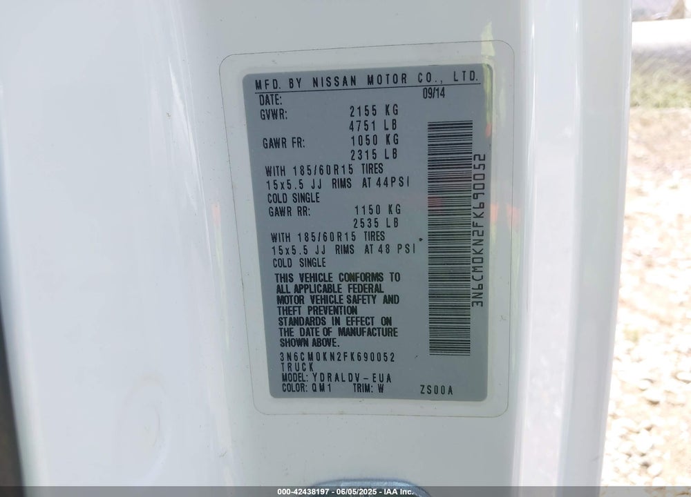 2015 NISSAN NV200 S VIN: 3N6CM0KN2FK690052