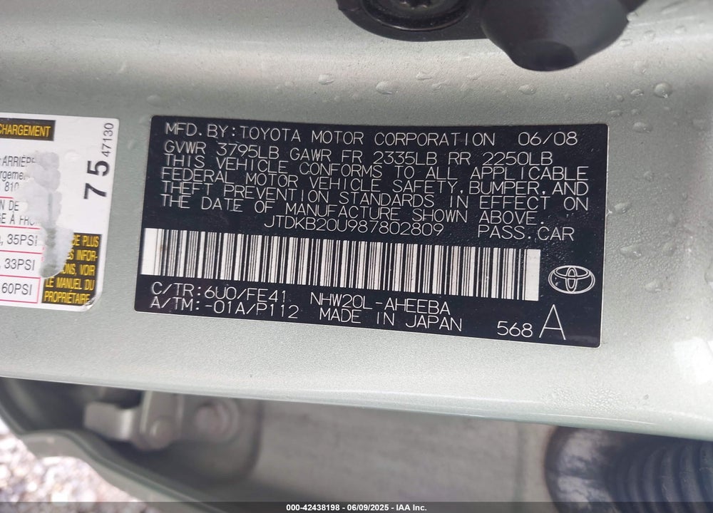 2008 TOYOTA PRIUS VIN: JTDKB20U987802809