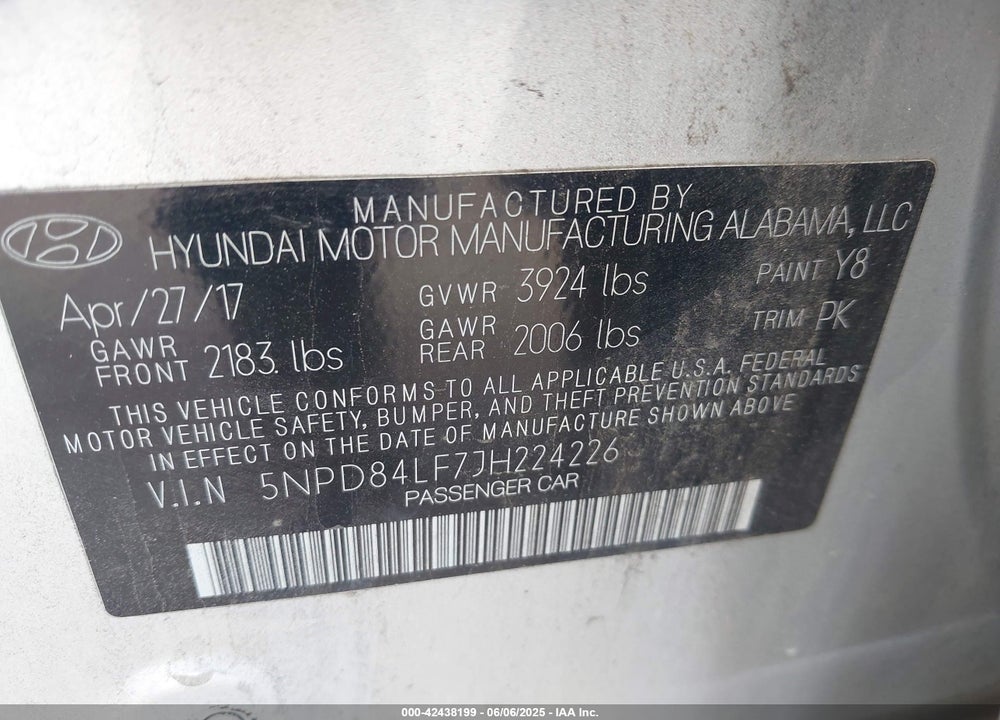 2018 HYUNDAI ELANTRA SEL VIN: 5NPD84LF7JH224226