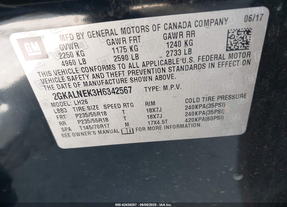 2017 GMC TERRAIN SLE-2 VIN: 2GKALNEK3H6342567