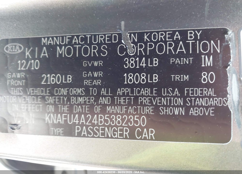 2011 KIA FORTE VIN: KNAFU4A24B5382350