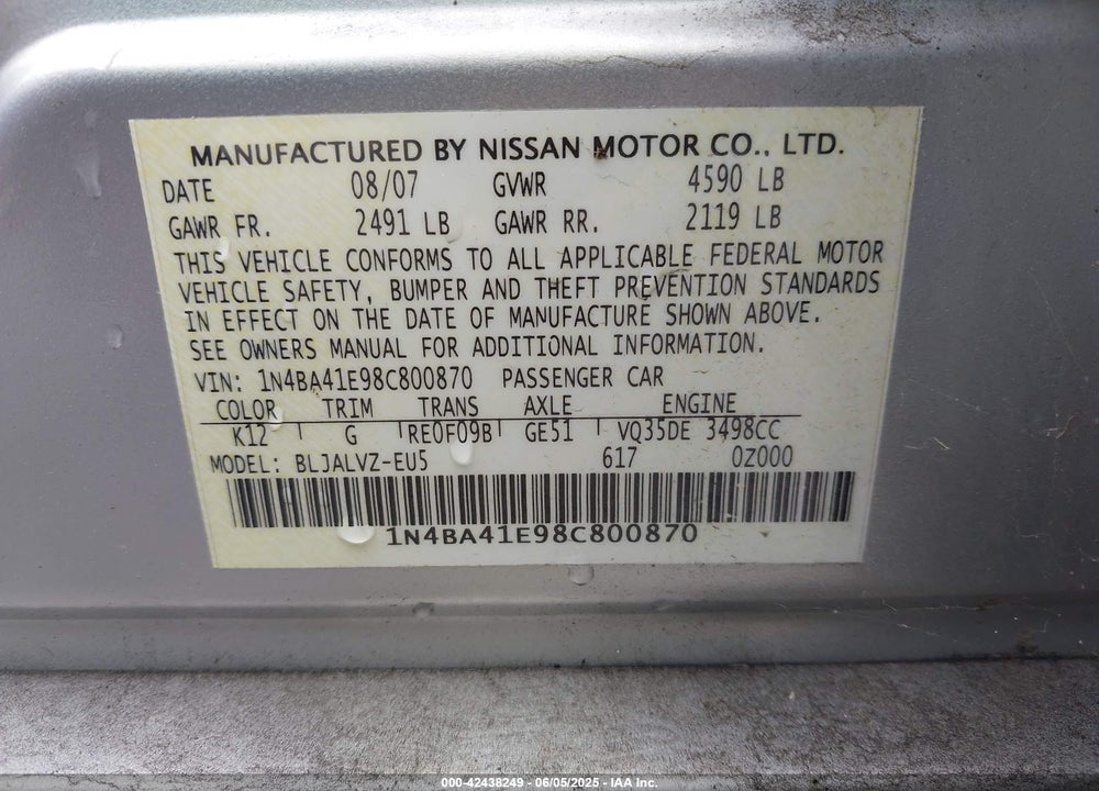 2008 NISSAN MAXIMA 3.5 SE VIN: 1N4BA41E98C800870