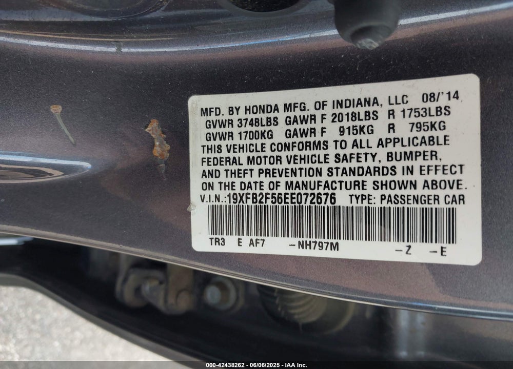 2014 HONDA CIVIC VIN: 19XFB2F56EE072676