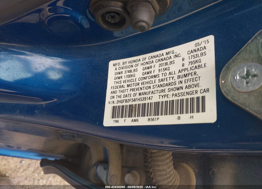 2015 HONDA CIVIC VIN: 2HGFB2F54FH539147
