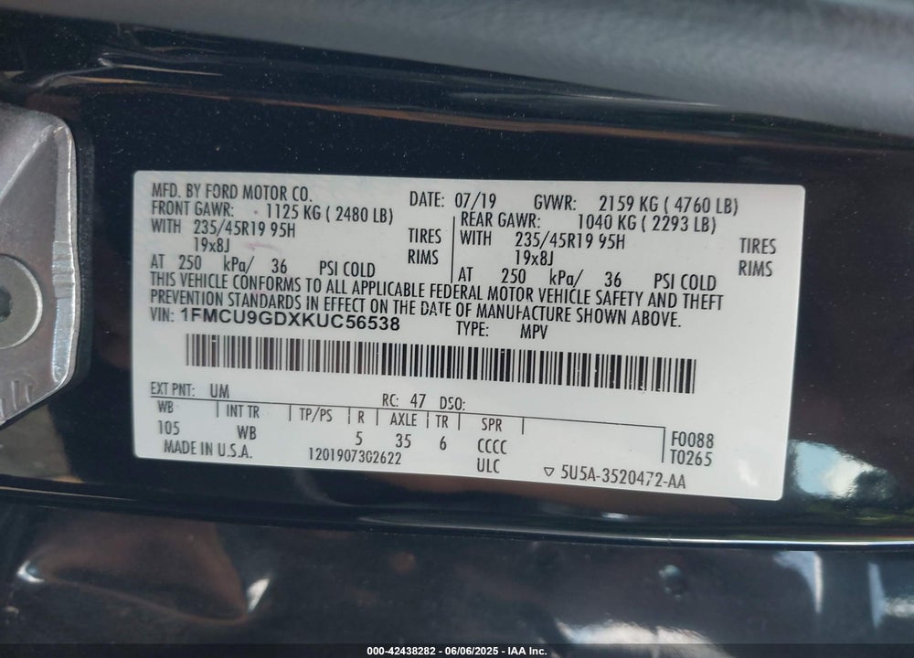 2019 FORD ESCAPE VIN: 1FMCU9GDXKUC56538