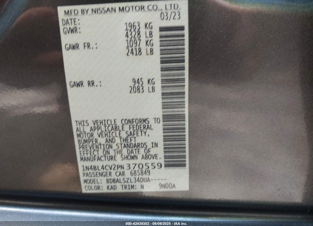 2023 NISSAN ALTIMA SR VIN: 1N4BL4CV2PN370559