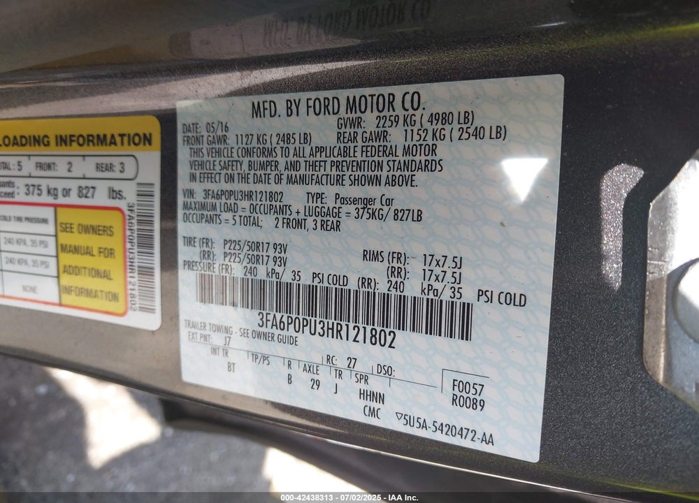 2017 FORD FUSION VIN: 3FA6P0PU3HR121802