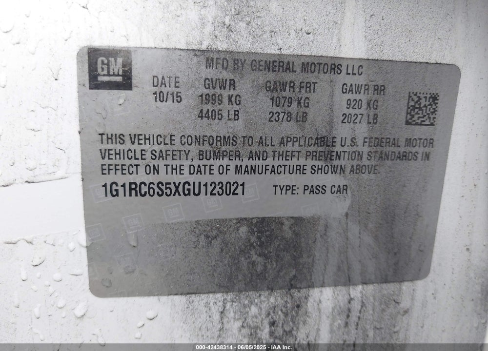 2016 CHEVROLET VOLT VIN: 1G1RC6S5XGU123021
