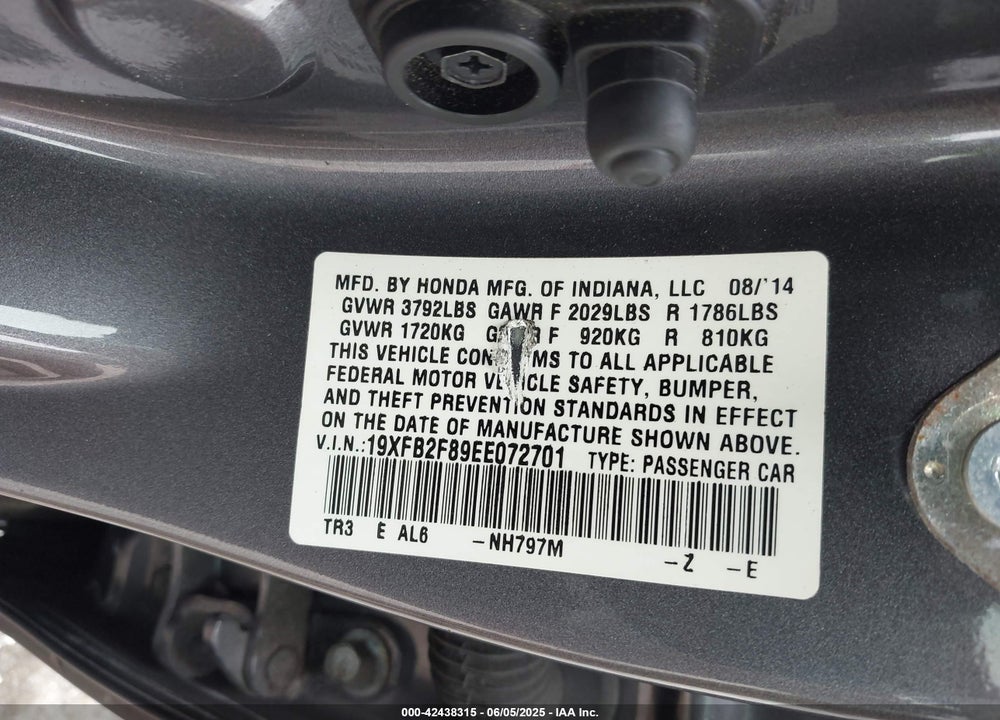 2014 HONDA CIVIC VIN: 19XFB2F89EE072701